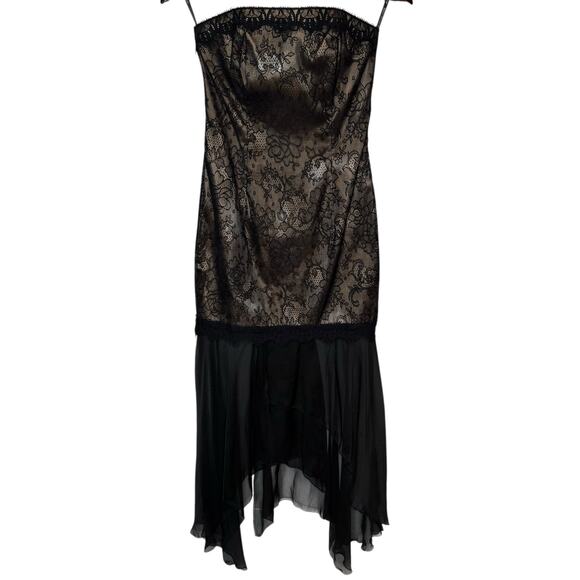 Jessica McClintock Vintage Strapless Corset Lace Chiffon Dress Black Beige sz 4 - Picture 1 of 7